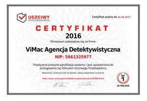 Uczciwy przedsiębiorca certyfikat detektyw